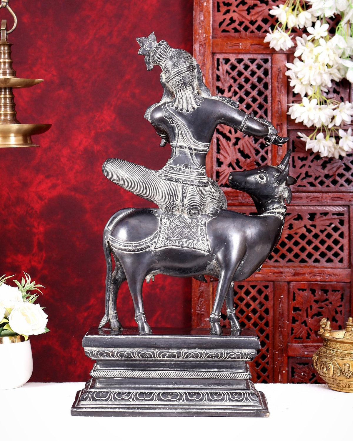 Brass Krishna sitting on Cow Statue| 21 inch grey black tone - Budhshiv.com