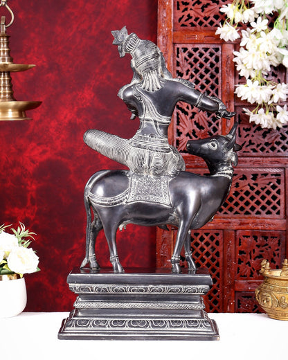 Brass Krishna sitting on Cow Statue| 21 inch grey black tone - Budhshiv.com