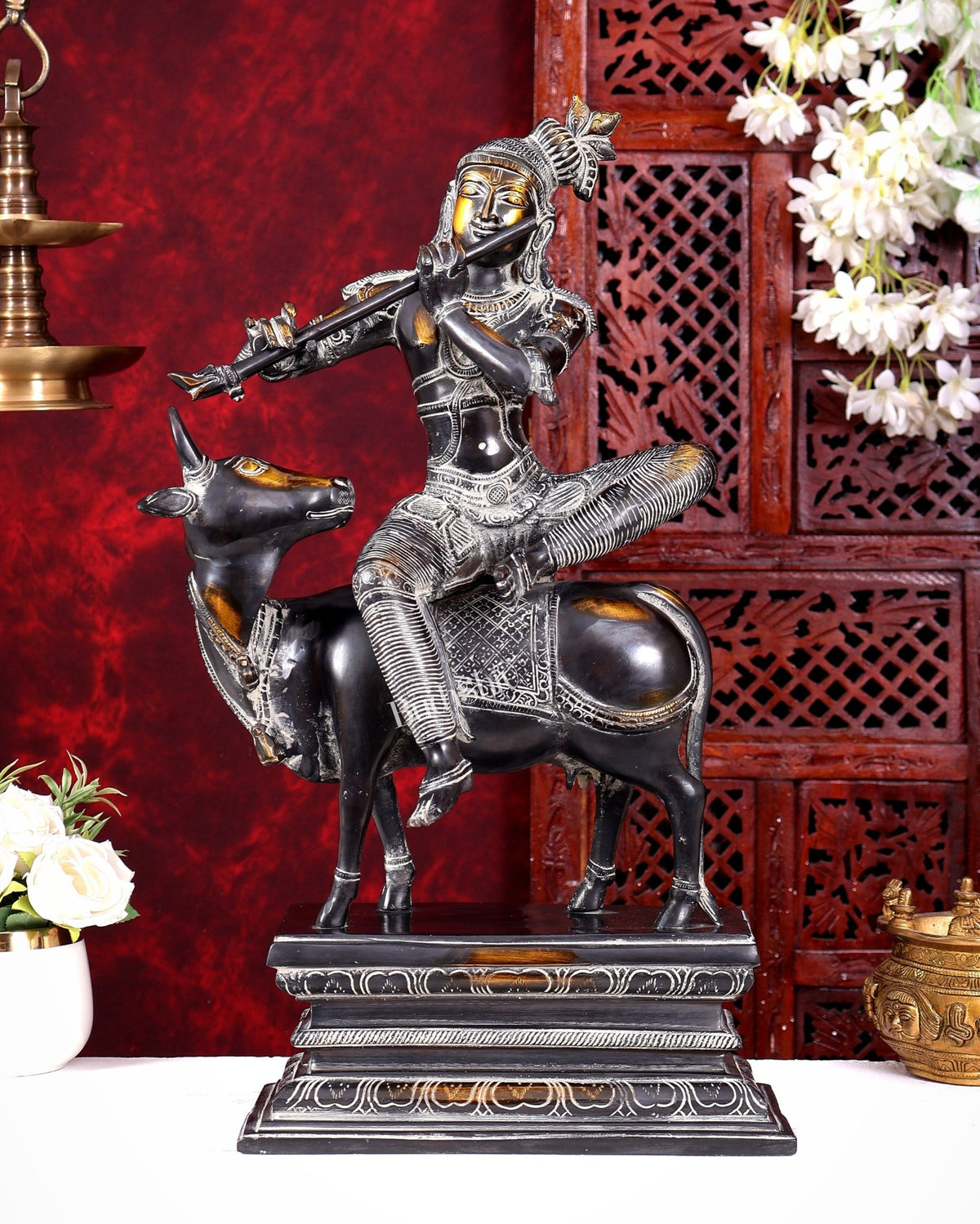 Brass Krishna sitting on Cow Statue| 21 inch grey black tone - Budhshiv.com