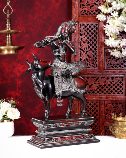 Brass Krishna sitting on Cow Statue| 21 inch grey red and black - Budhshiv.com