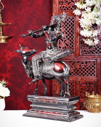 Brass Krishna sitting on Cow Statue| 21 inch grey red and black - Budhshiv.com