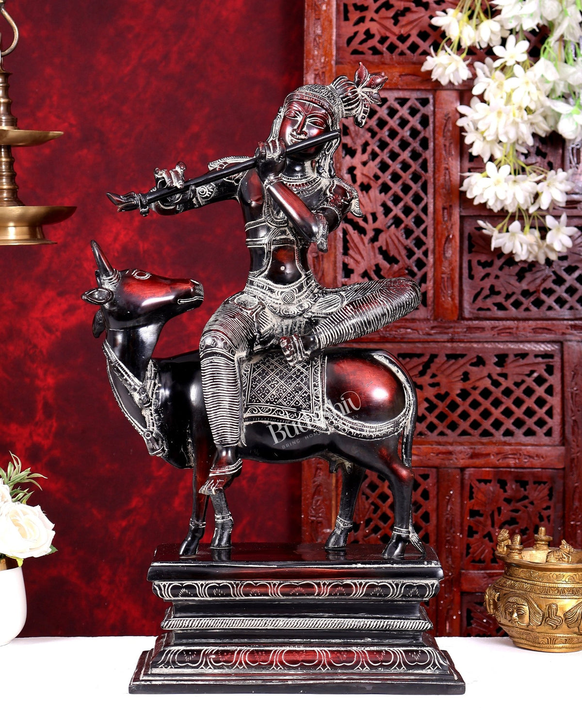 Brass Krishna sitting on Cow Statue| 21 inch grey red and black - Budhshiv.com