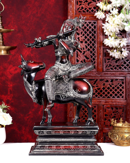 Brass Krishna sitting on Cow Statue| 21 inch grey red and black - Budhshiv.com