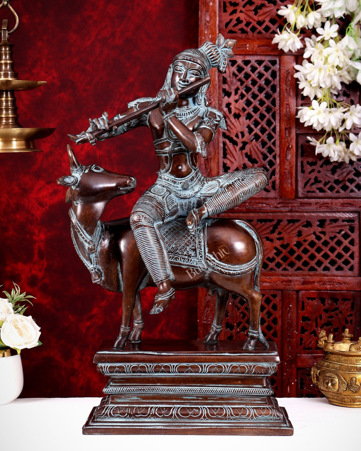Brass Krishna sitting on Cow Statue| 21 inch rustic patina - Budhshiv.com
