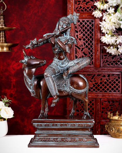 Brass Krishna sitting on Cow Statue| 21 inch rustic patina - Budhshiv.com