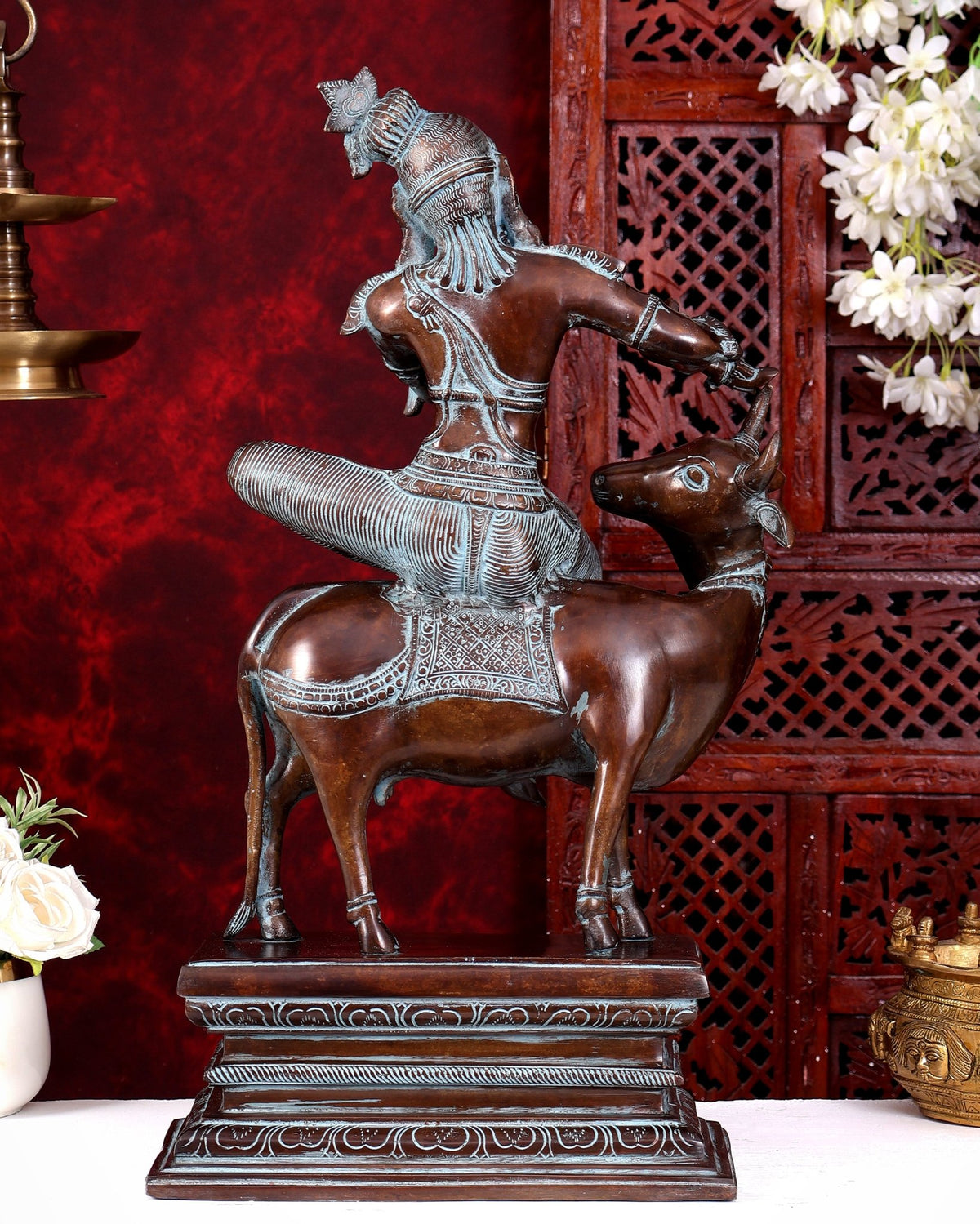 Brass Krishna sitting on Cow Statue| 21 inch rustic patina - Budhshiv.com