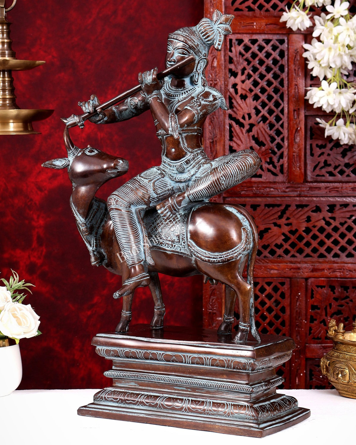 Brass Krishna sitting on Cow Statue| 21 inch rustic patina - Budhshiv.com
