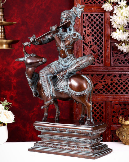 Brass Krishna sitting on Cow Statue| 21 inch rustic patina - Budhshiv.com