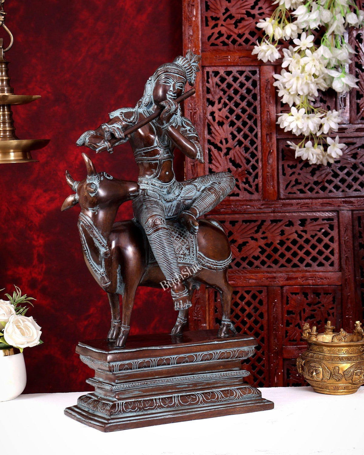 Brass Krishna sitting on Cow Statue| 21 inch rustic patina - Budhshiv.com