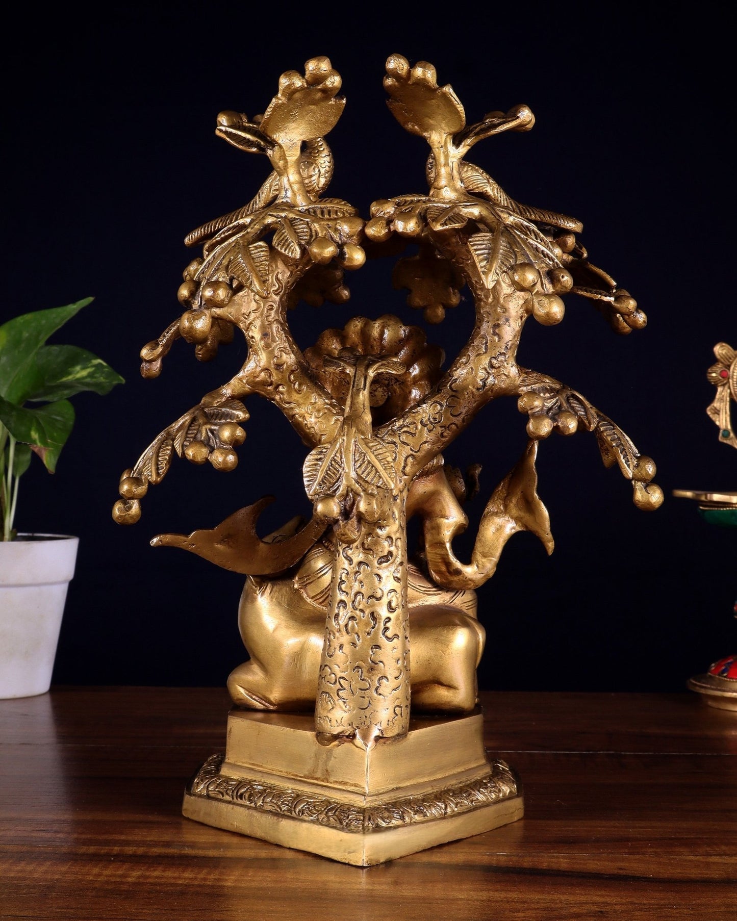 Brass Krishna sitting on Cow with Kalpavriksha | 12 inch - Budhshiv.com