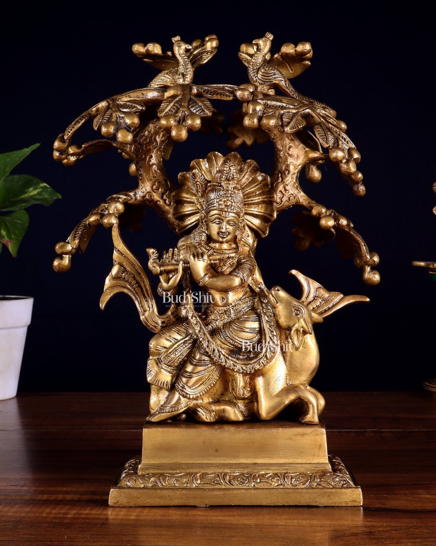 Brass Krishna sitting on Cow with Kalpavriksha | 12 inch - Budhshiv.com