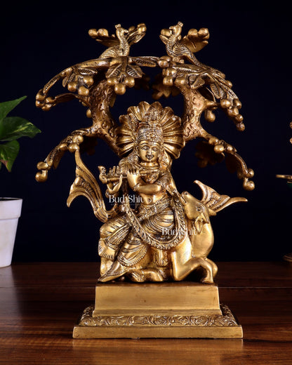 Brass Krishna sitting on Cow with Kalpavriksha | 12 inch - Budhshiv.com