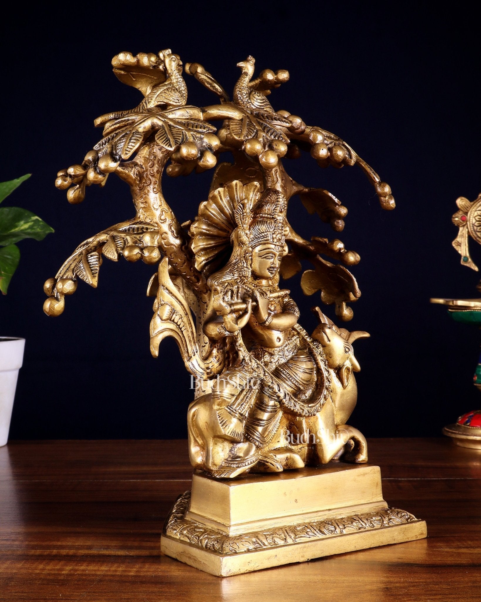 Brass Krishna sitting on Cow with Kalpavriksha | 12 inch - Budhshiv.com