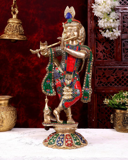 Brass Krishna Standing on a Lotus Base 19 inch with Stonework - Budhshiv.com