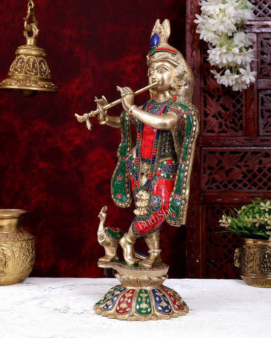 Brass Krishna Standing on a Lotus Base 19 inch with Stonework - Budhshiv.com