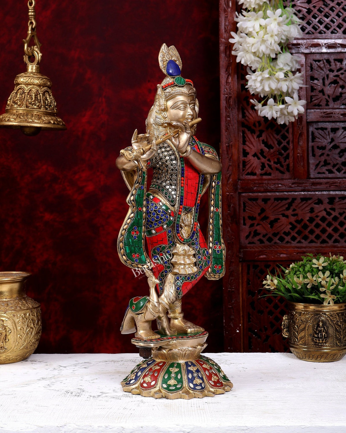 Brass Krishna Standing on a Lotus Base 19 inch with Stonework - Budhshiv.com