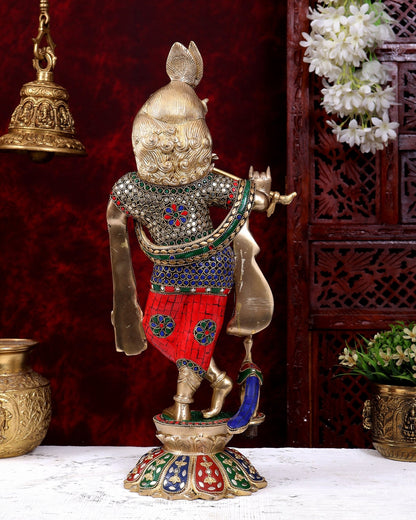 Brass Krishna Standing on a Lotus Base 19 inch with Stonework - Budhshiv.com