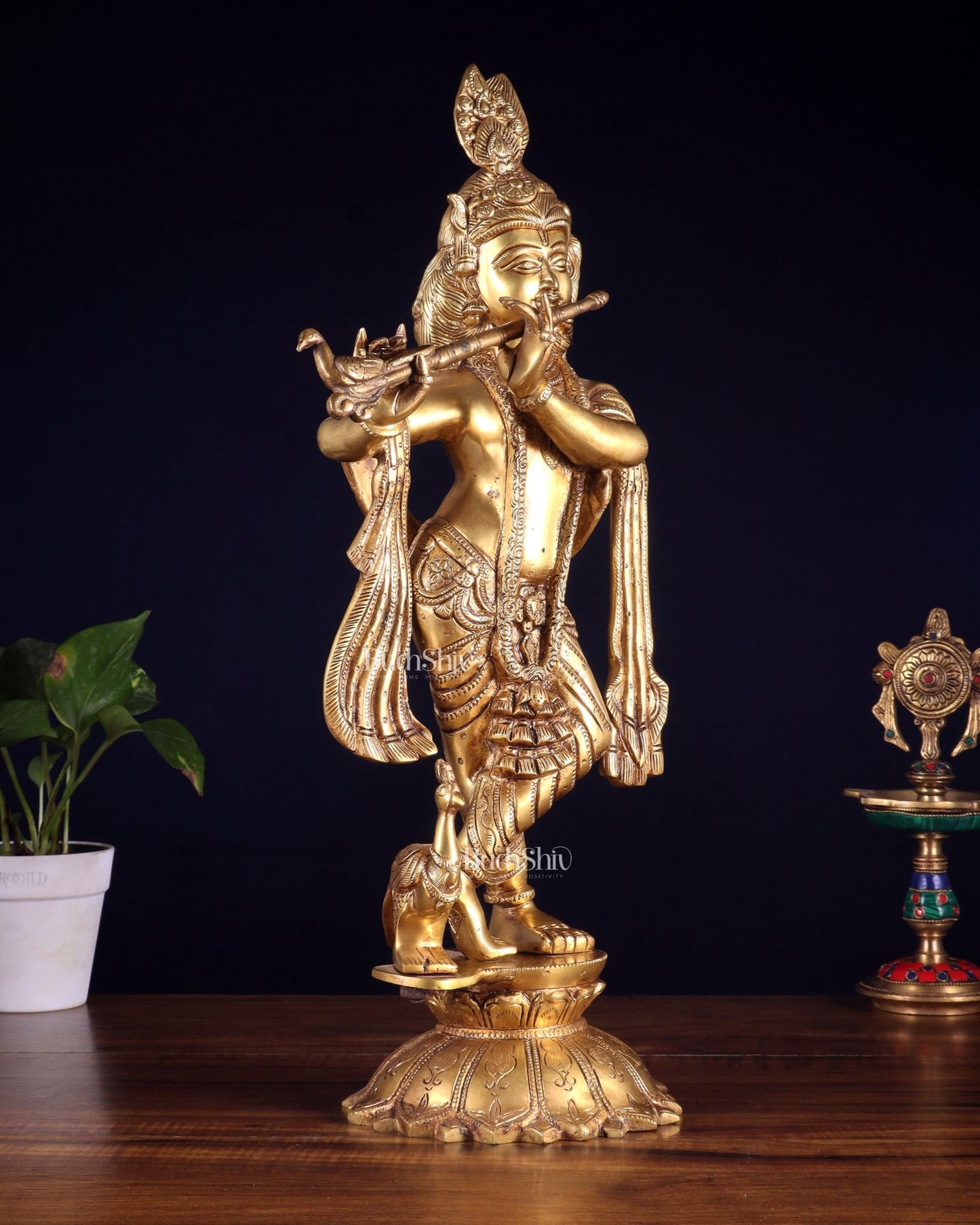 Brass Krishna Standing on a Lotus Base – Pure Brass Unique Sculpture 19" - Budhshiv.com