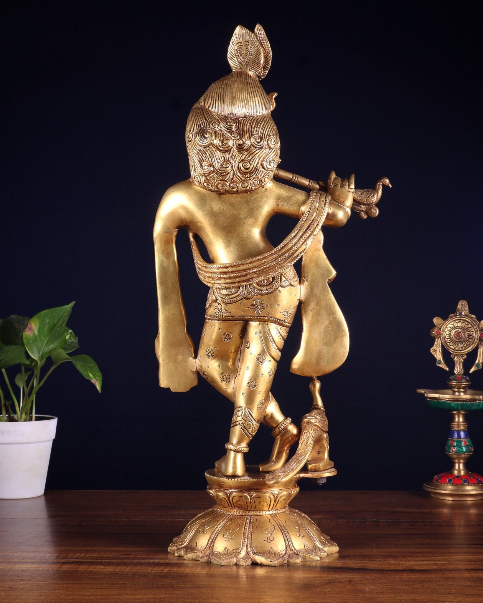 Brass Krishna Standing on a Lotus Base – Pure Brass Unique Sculpture 19" - Budhshiv.com