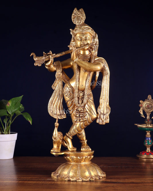 Brass Krishna Standing on a Lotus Base – Pure Brass Unique Sculpture 19" - Budhshiv.com