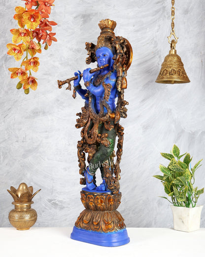 Brass Krishna Statue – Celestial Blue Tone Handcrafted Masterpiece (30 Inches) - Budhshiv.com