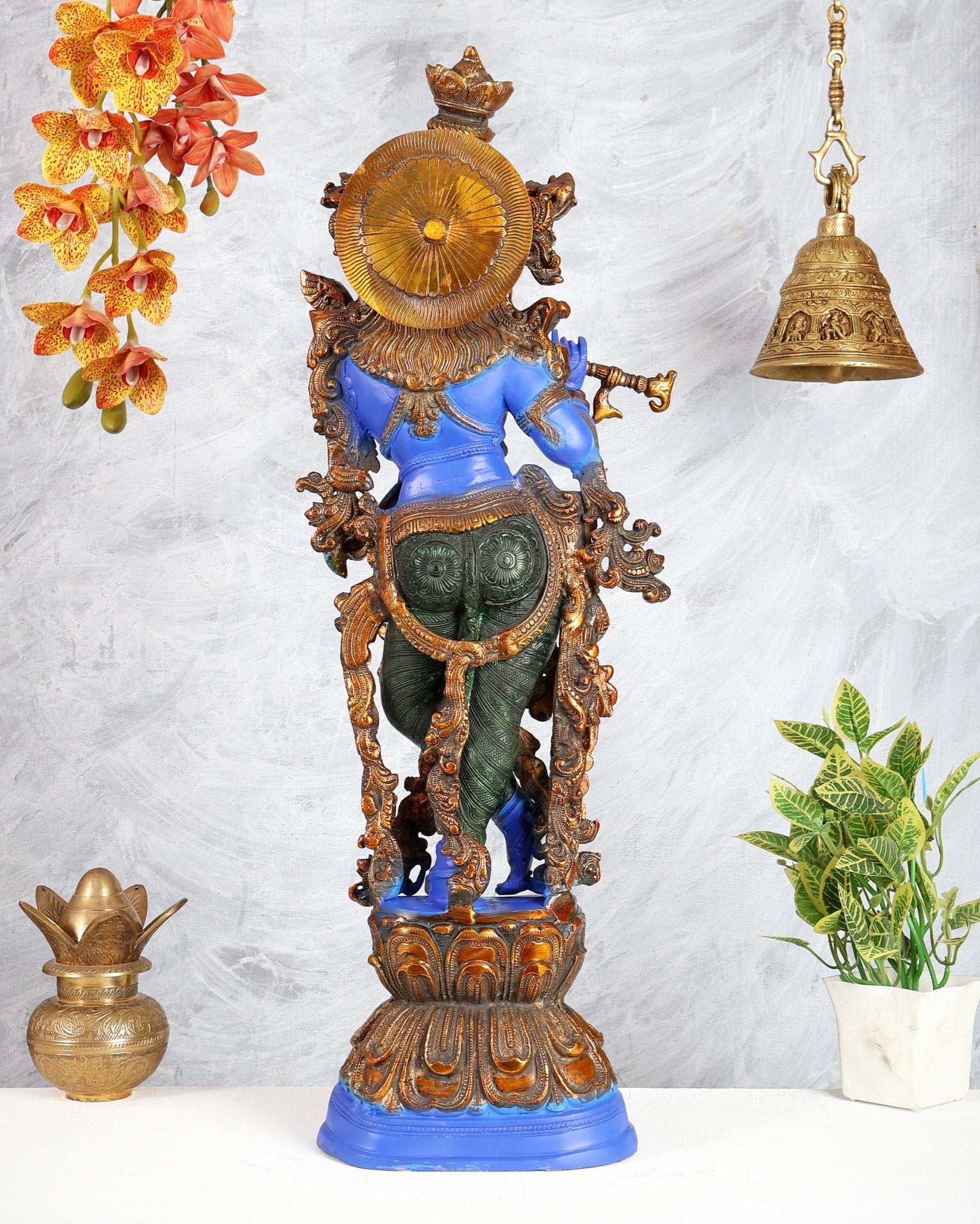 Brass Krishna Statue – Celestial Blue Tone Handcrafted Masterpiece (30 Inches) - Budhshiv.com