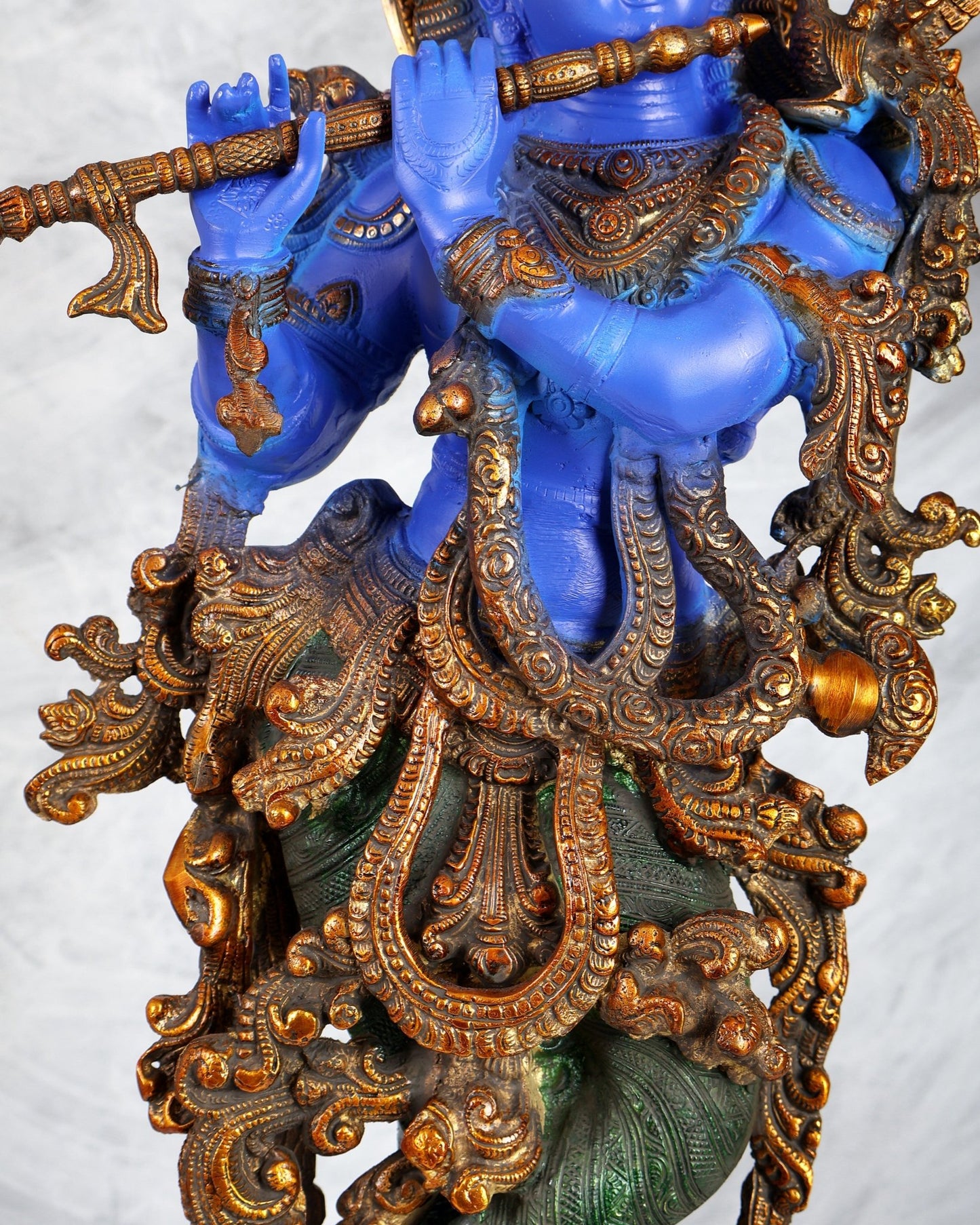 Brass Krishna Statue – Celestial Blue Tone Handcrafted Masterpiece (30 Inches) - Budhshiv.com