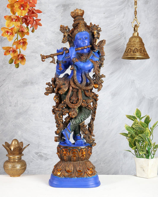 Brass Krishna Statue – Celestial Blue Tone Handcrafted Masterpiece (30 Inches) - Budhshiv.com