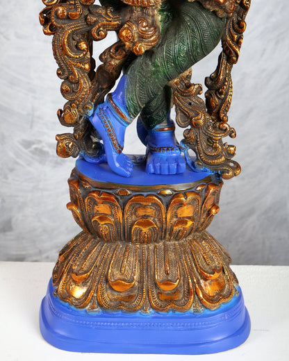 Brass Krishna Statue – Celestial Blue Tone Handcrafted Masterpiece (30 Inches) - Budhshiv.com