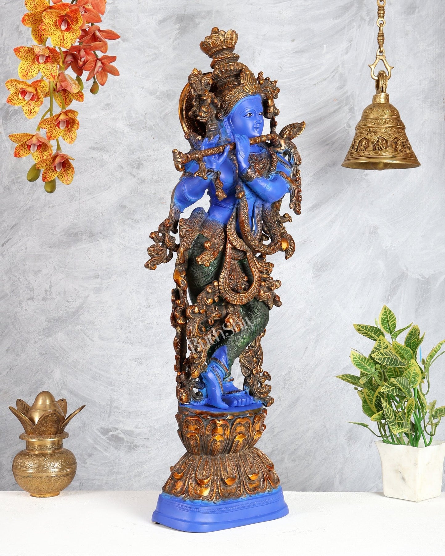 Brass Krishna Statue – Celestial Blue Tone Handcrafted Masterpiece (30 Inches) - Budhshiv.com