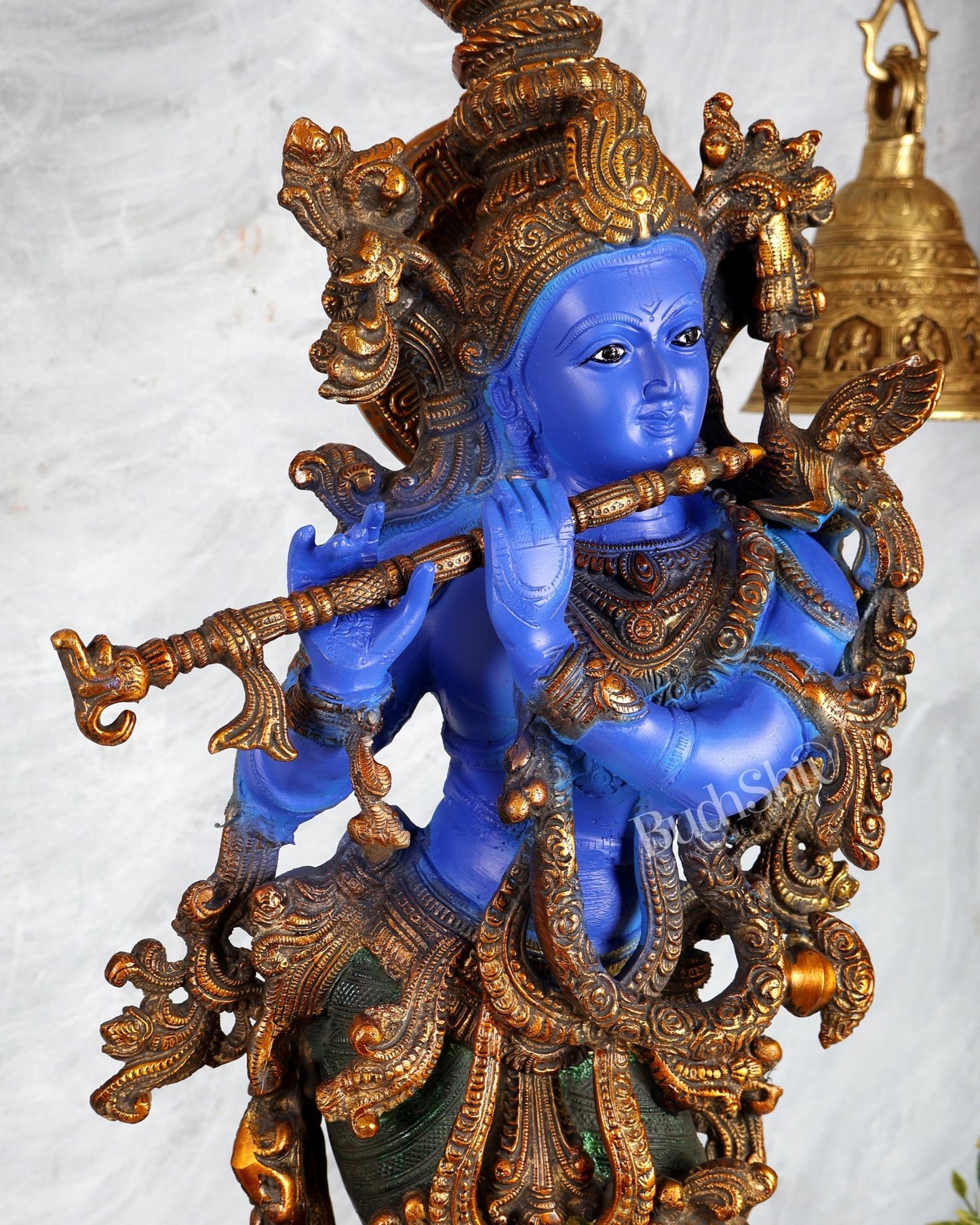 Brass Krishna Statue – Celestial Blue Tone Handcrafted Masterpiece (30 Inches) - Budhshiv.com