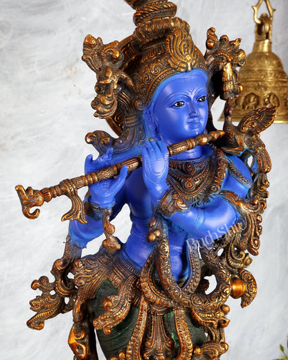 Brass Krishna Statue – Celestial Blue Tone Handcrafted Masterpiece (30 Inches) - Budhshiv.com