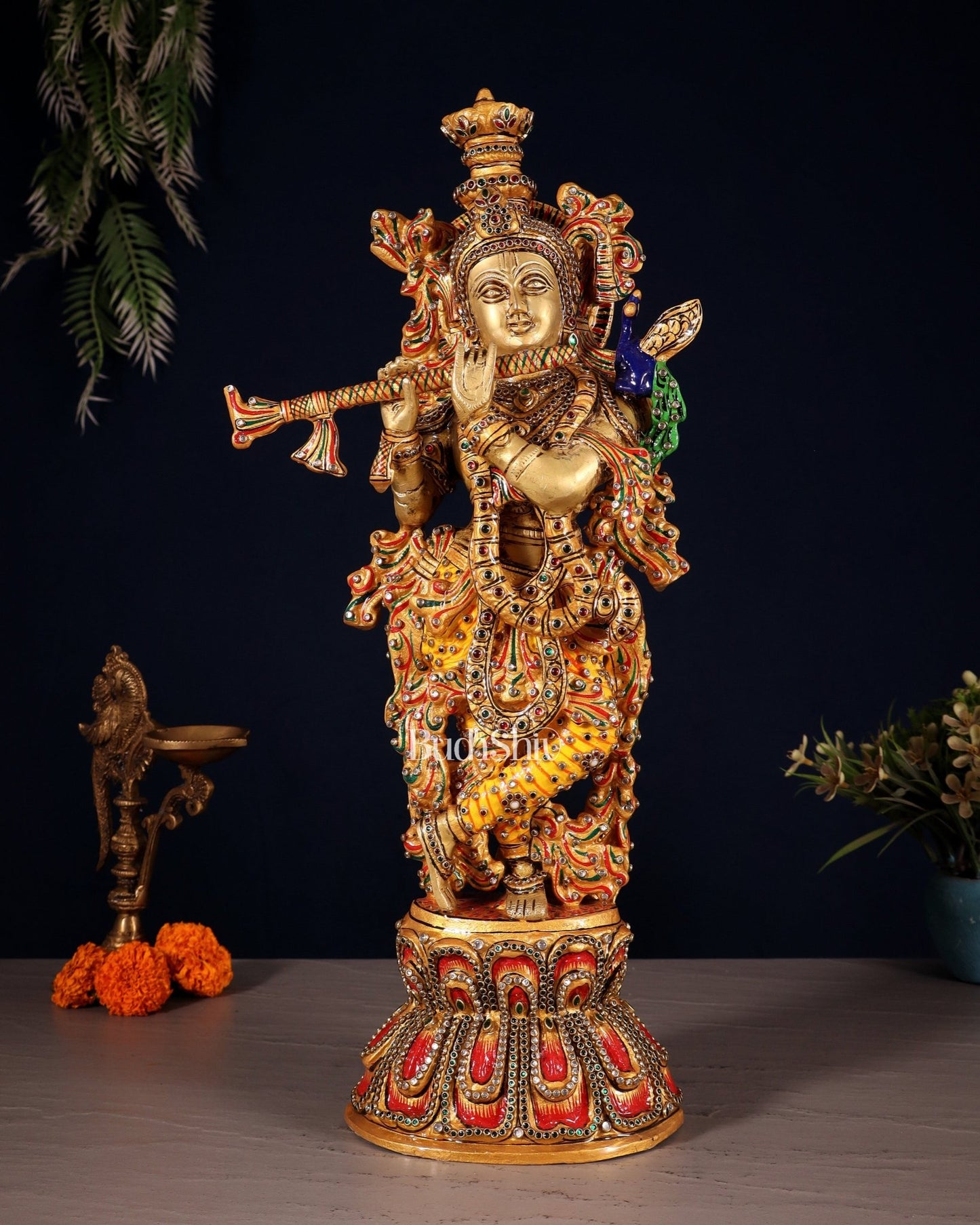 Brass Krishna Statue laakh meenakari work | 18 inch - Budhshiv.com