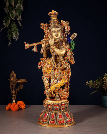 Brass Krishna Statue laakh meenakari work | 18 inch - Budhshiv.com
