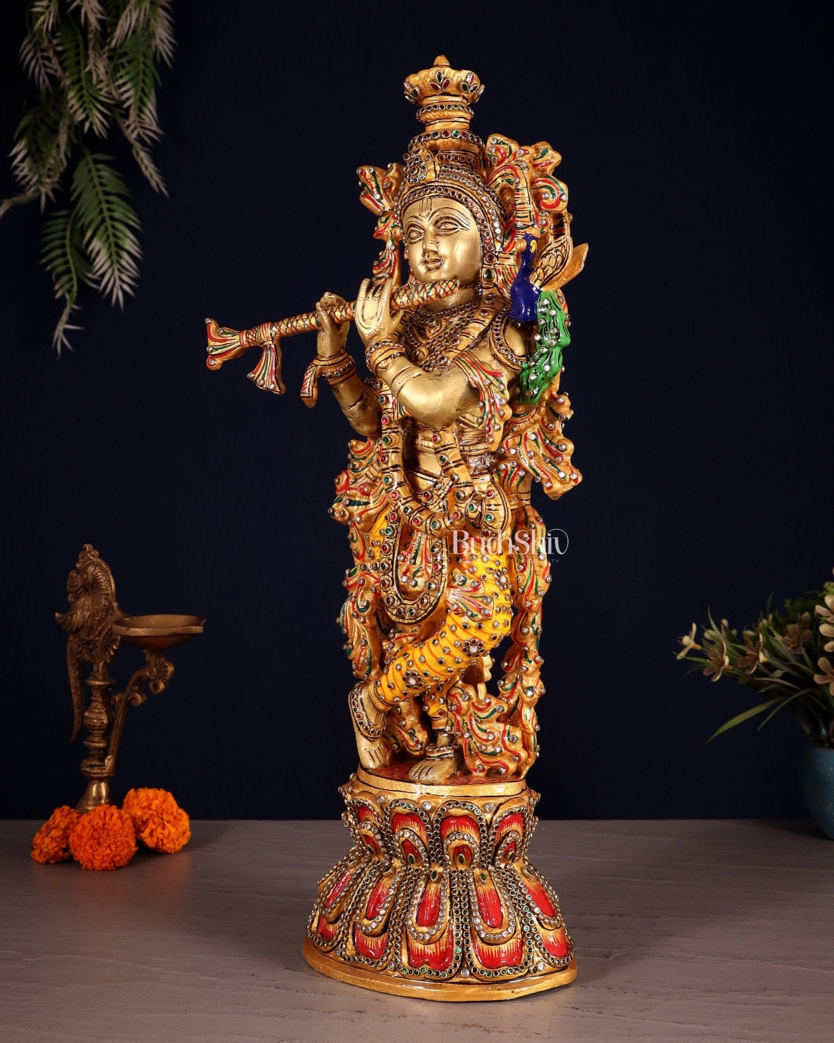 Brass Krishna Statue laakh meenakari work | 18 inch - Budhshiv.com
