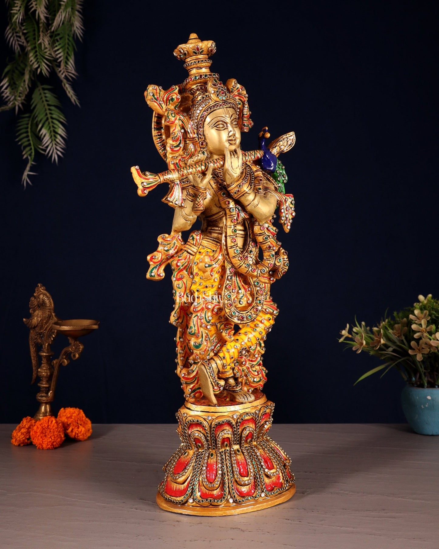 Brass Krishna Statue laakh meenakari work | 18 inch - Budhshiv.com