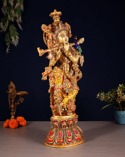 Brass Krishna Statue laakh meenakari work | 18 inch - Budhshiv.com