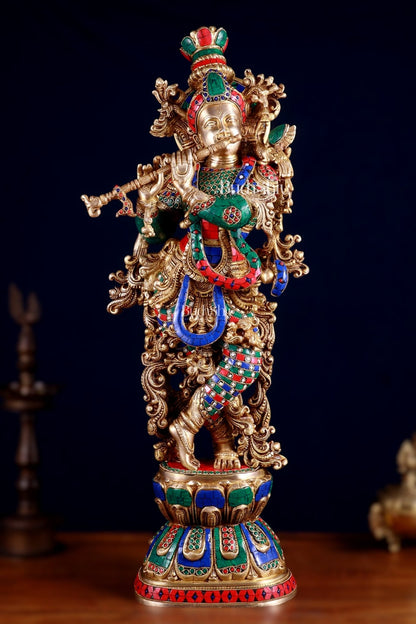 Brass Krishna statue large 30 inch with stonework - Budhshiv.com