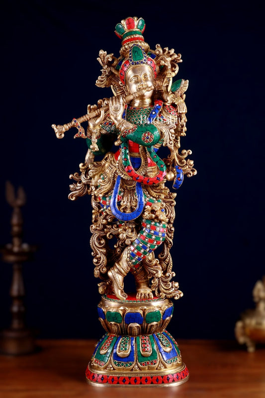 Brass Krishna statue large 30 inch with stonework - Budhshiv.com