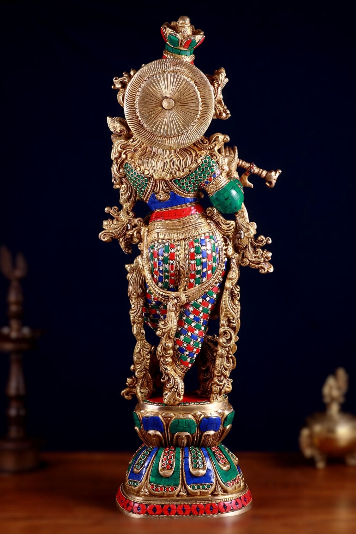 Brass Krishna statue large 30 inch with stonework - Budhshiv.com