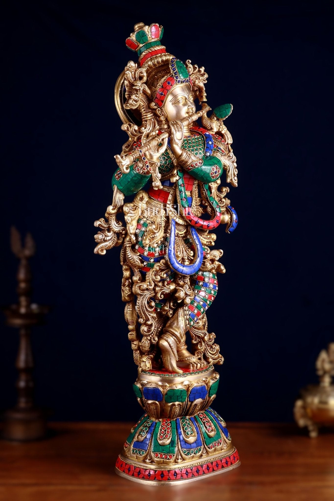 Brass Krishna statue large 30 inch with stonework - Budhshiv.com