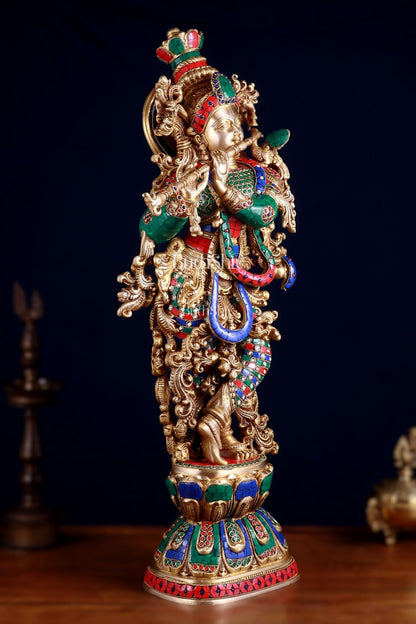 Brass Krishna statue large 30 inch with stonework - Budhshiv.com