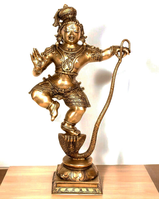 Brass Krishna Statue on Kaliya Naaga – Chola Inspired Kalinga Narthana Sculpture 35 inch - Budhshiv.com