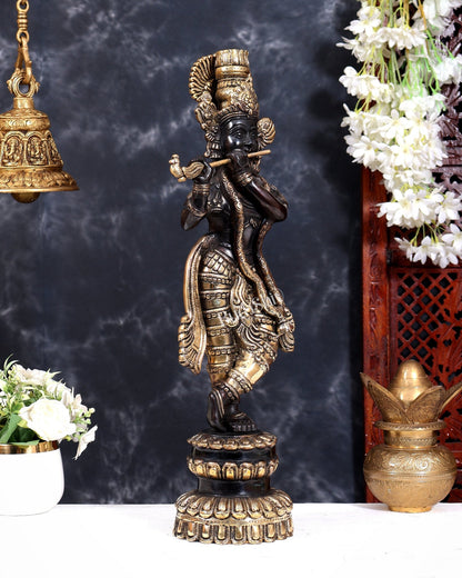 Brass Krishna Statue Unique Design 20 inch black and gold finish - Budhshiv.com