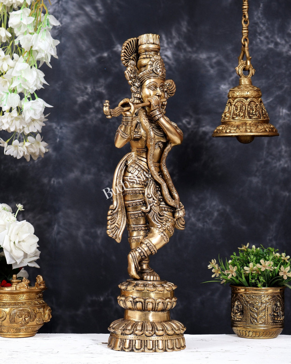 Brass Krishna Statue Unique Design | Pure Brass Lord Krishna Sculpture 20 inch matte finish - Budhshiv.com