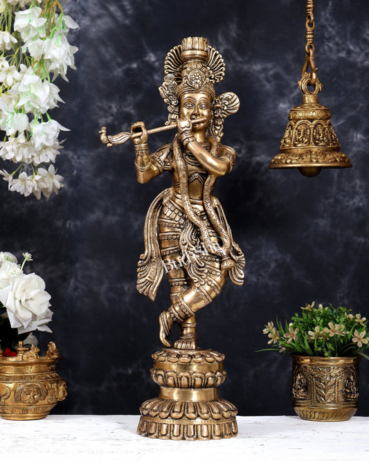 Brass Krishna Statue Unique Design | Pure Brass Lord Krishna Sculpture 20 inch matte finish - Budhshiv.com