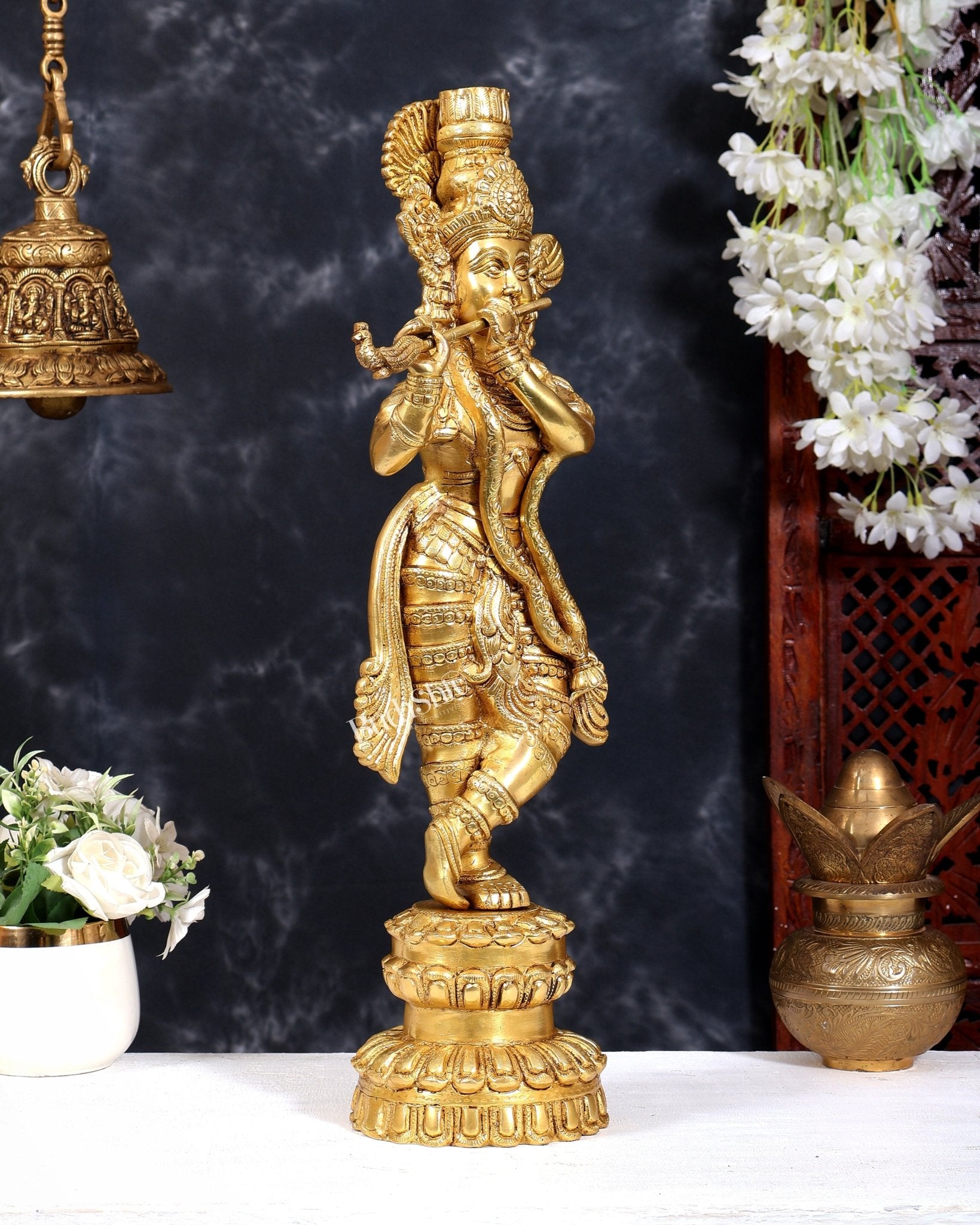 Brass Krishna Statue Unique Design | Pure Brass Lord Krishna Sculpture 20 inch - Budhshiv.com