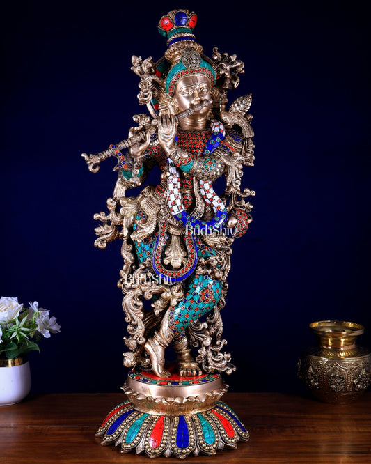 Brass Krishna Statue with Lotus Base | 27 Inch stonework - Budhshiv.com
