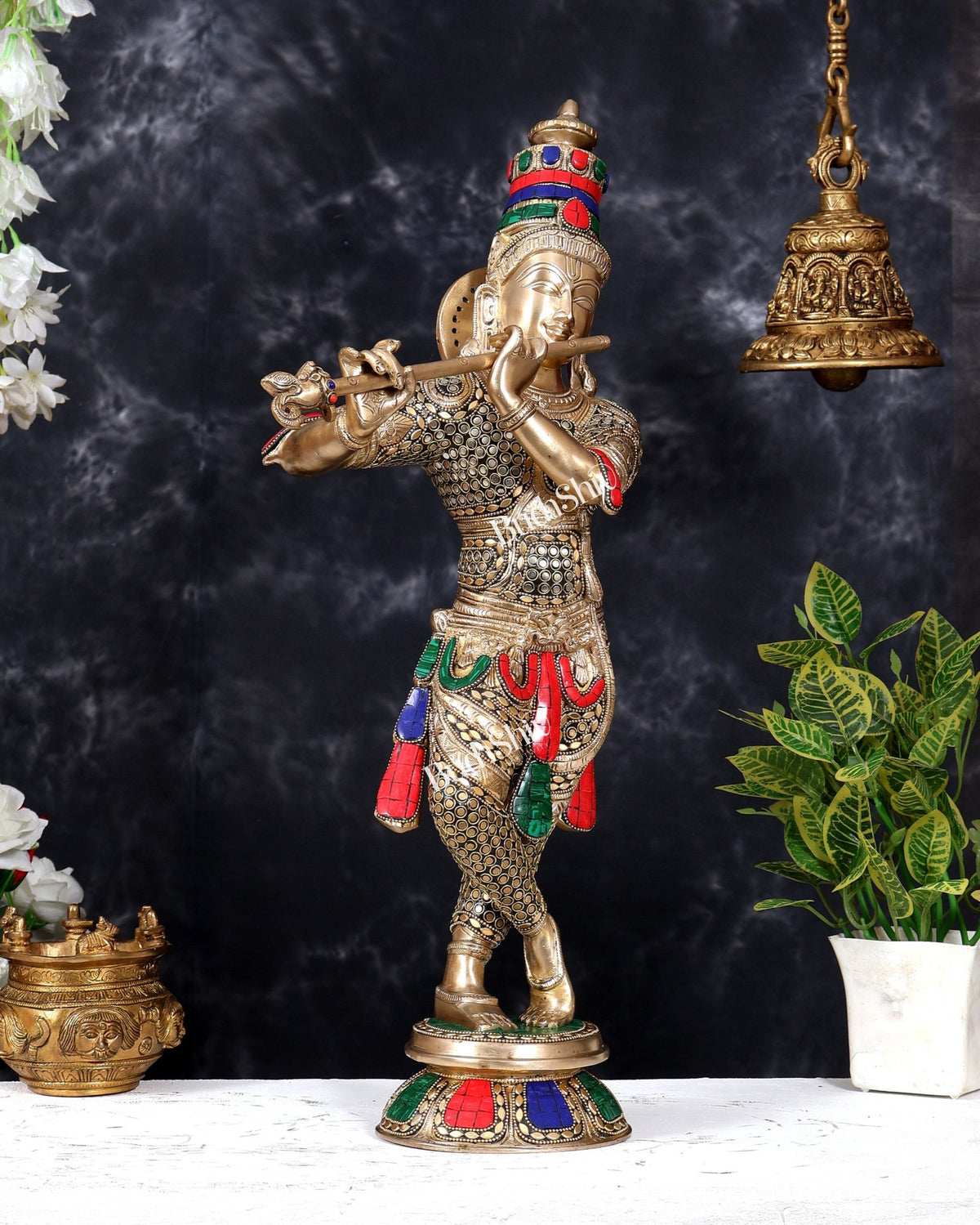 Brass Krishna Statue with Rings and Stonework 23 inch - Budhshiv.com