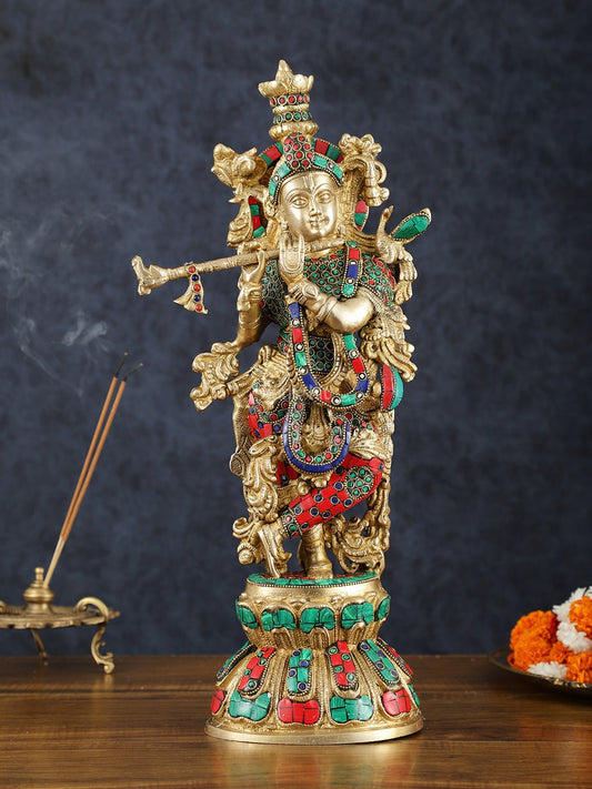 Brass Krishna Statue with Semi - Precious Stones – 18" Height, Fine Quality - Budhshiv.com